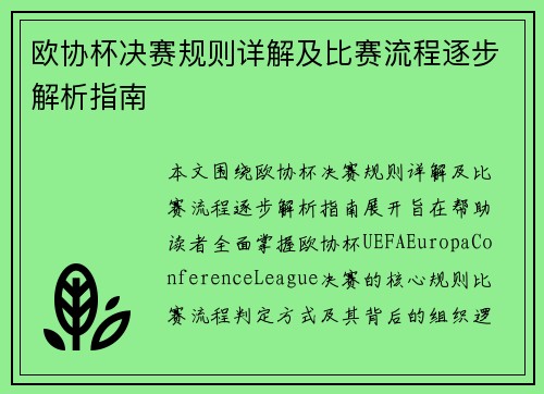 欧协杯决赛规则详解及比赛流程逐步解析指南